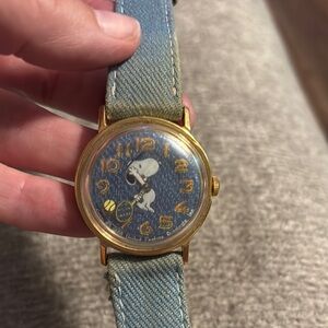 Vintage Snoopy Blue and Gold Watch with denim Leather Strap